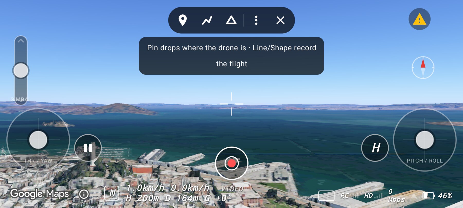 The FPV Map fly-to-draw toolbar with pin, line, shape, overflow and close controls