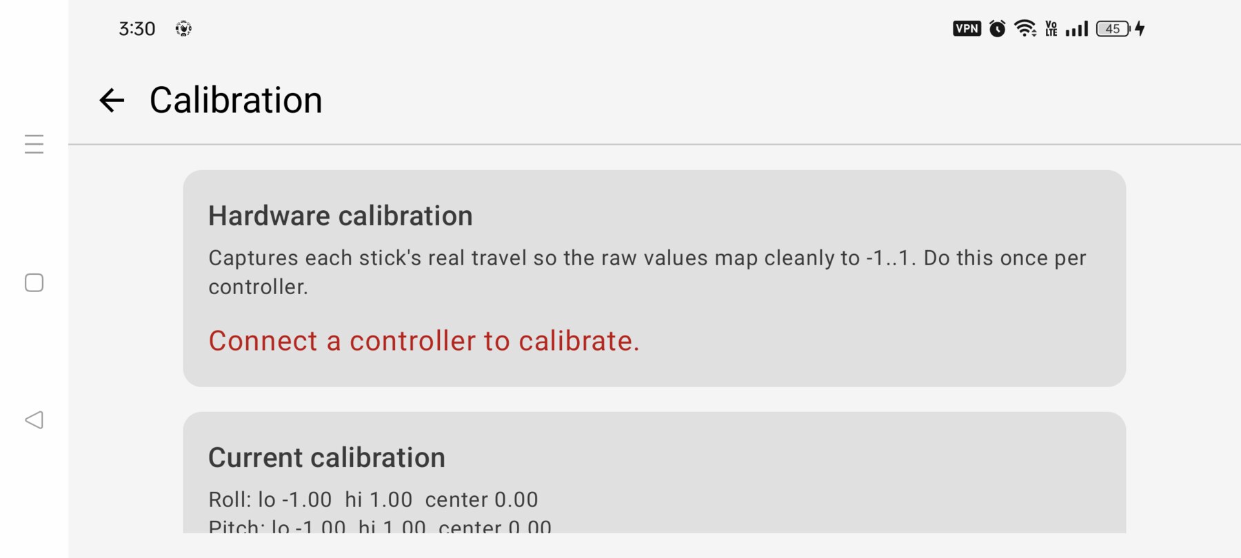 FPV Map Calibration screen explaining hardware calibration and showing the current values