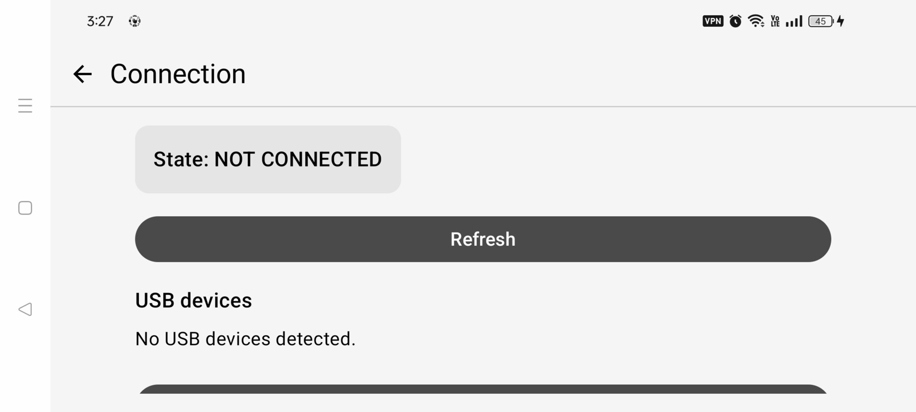 FPV Map Connection screen showing State: NOT CONNECTED and No USB devices detected