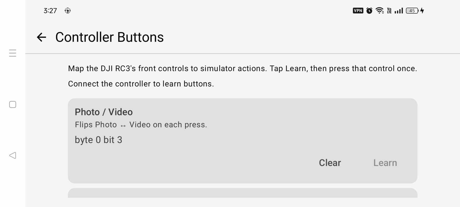 FPV Map Controller Buttons screen with Photo/Video, Clear and Learn actions