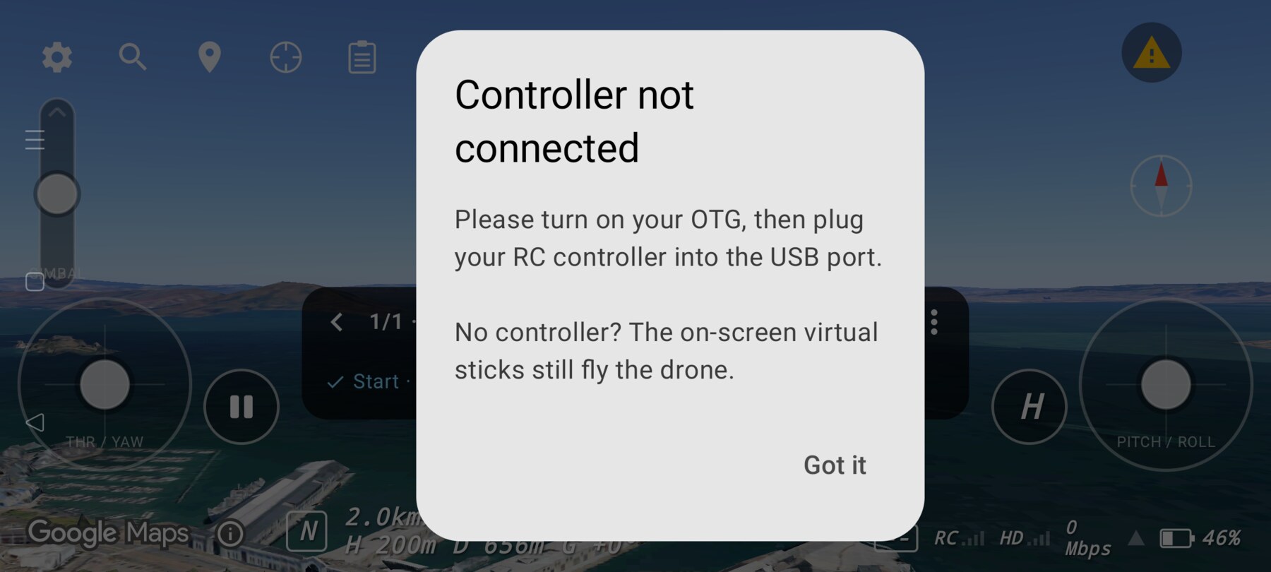 FPV Map controller-not-connected dialog explaining OTG and virtual sticks