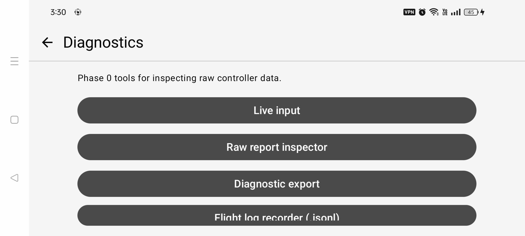 FPV Map Diagnostics menu with Live input, Raw report inspector, Diagnostic export and Flight log recorder