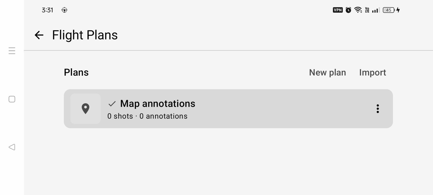 FPV Map Flight Plans screen with a named plan and shot counts