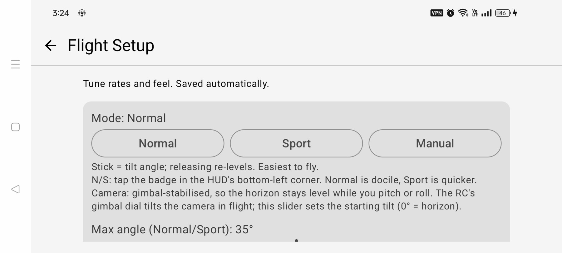 FPV Map Flight Setup screen with Normal, Sport and Manual options and the maximum angle setting