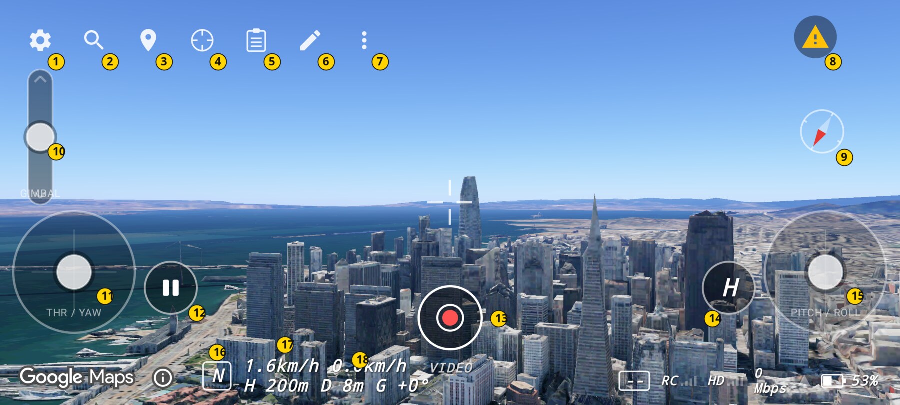 Annotated FPV Map goggle HUD with numbered elements