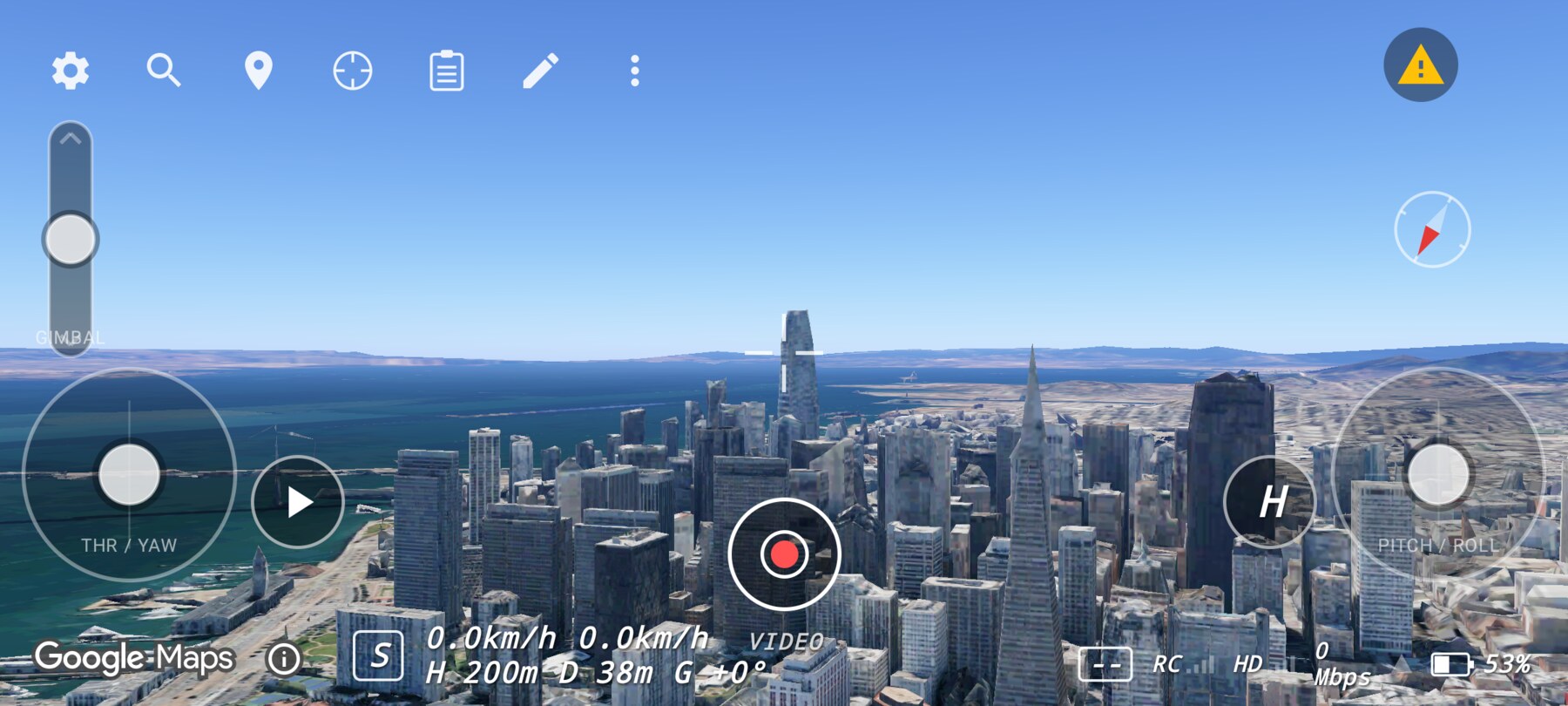 FPV Map HUD with the S mode badge showing Sport mode over the Financial District