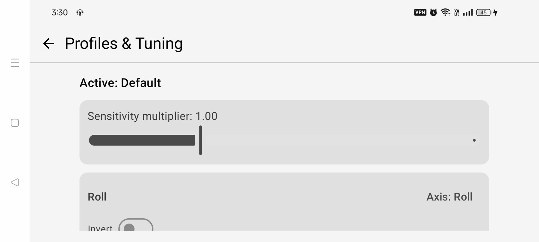 FPV Map Profiles and Tuning screen with invert, deadband, expo and sensitivity controls