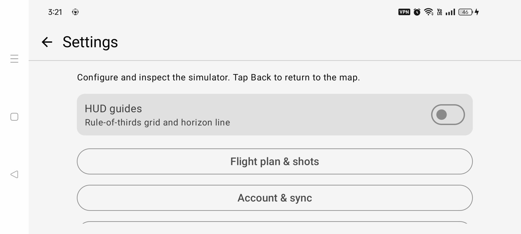 FPV Map Settings screen with HUD guides and account options