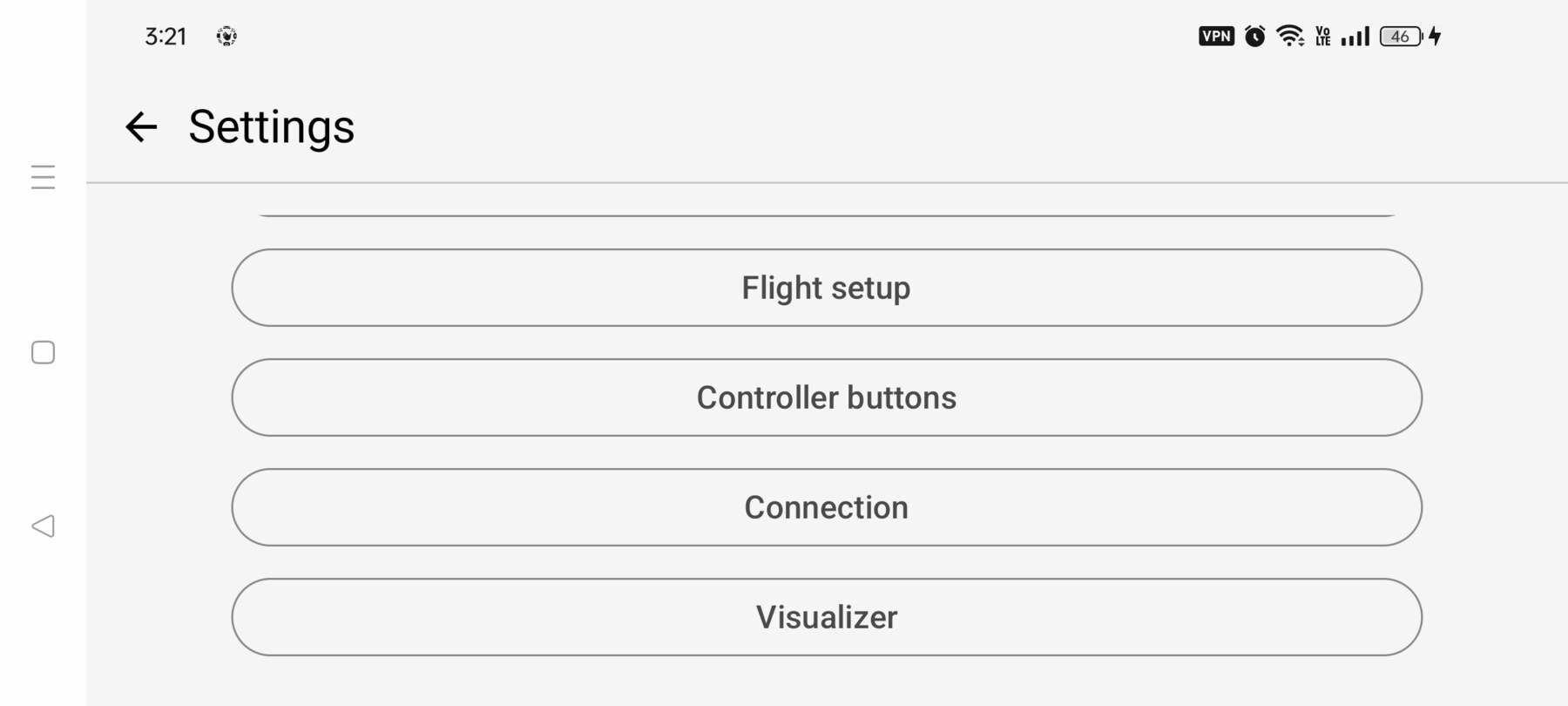 FPV Map Settings screen scrolled to flight setup, controller buttons, connection and visualizer
