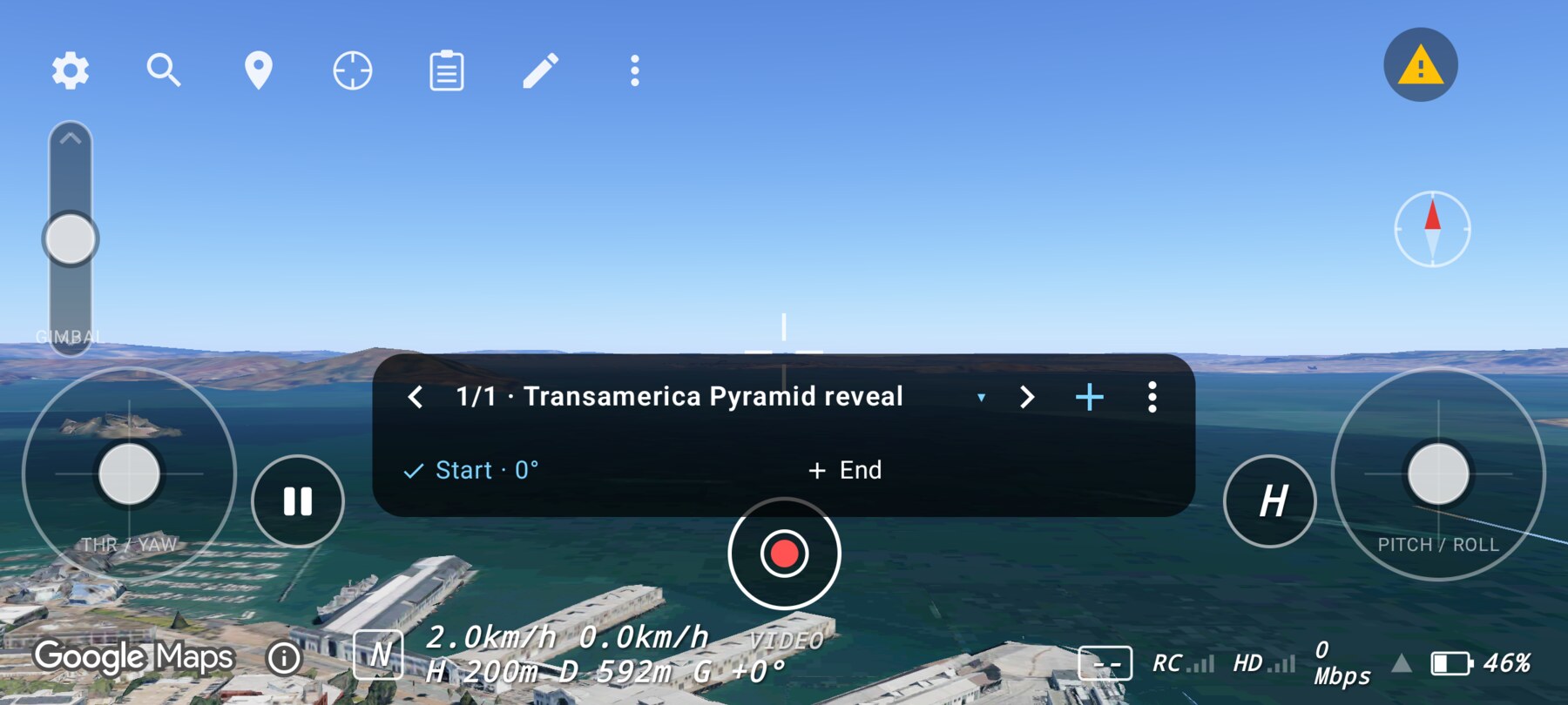 FPV Map shot bar with a captured start pose for the Transamerica Pyramid reveal