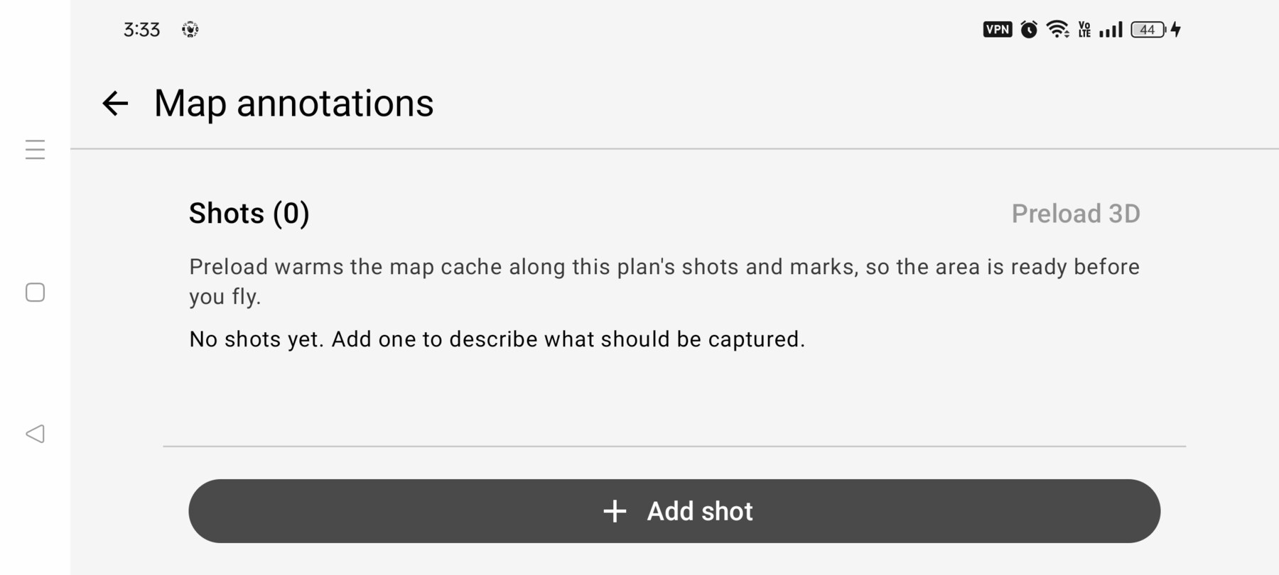 FPV Map Shots screen with no shots yet and an Add shot button